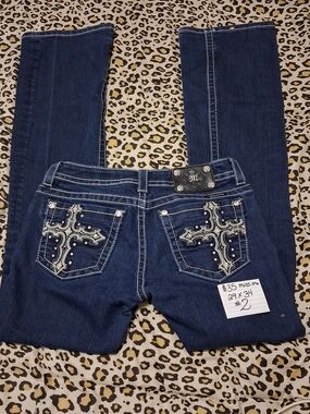 29x34 Miss Me Dark Blue Boot Cut Jeans with Embroidered Cross Pockets